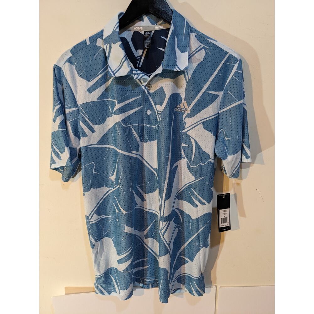 Adidas Blue Palm Tree Golf Performance Mesh Blue White Polo Shirt NWT Sz M $65